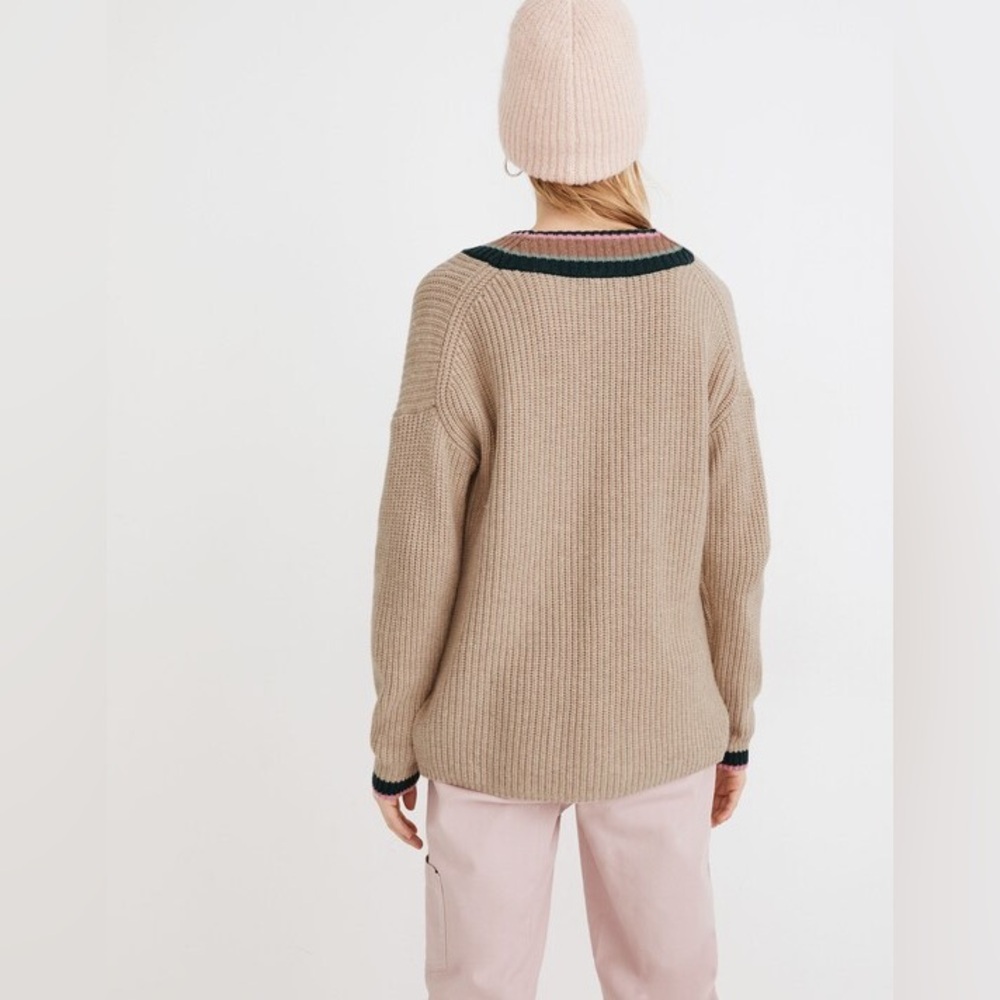 MADEWELL Tipped Forrest V-Neck Sweater Heather Birch Wool Knit Size Medium - Picture 4 of 9